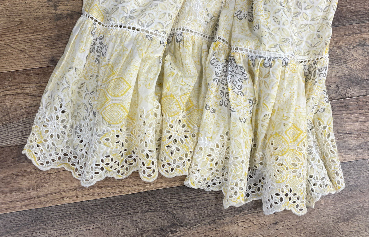 Rachel Zoe Women's Yellow Gray Eyelet Tiered Floral V-Neck Midi Dress Sz S