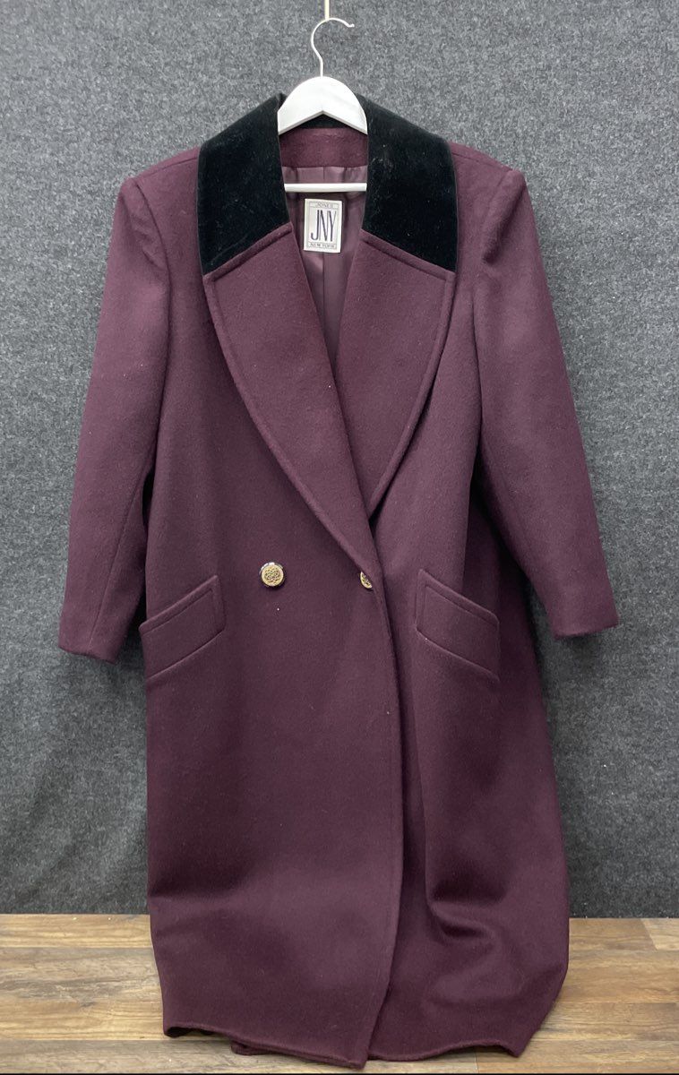 Jones New York Vintage 90s Women's Burgundy Wool Velvet Collar Long Coat Sz 8