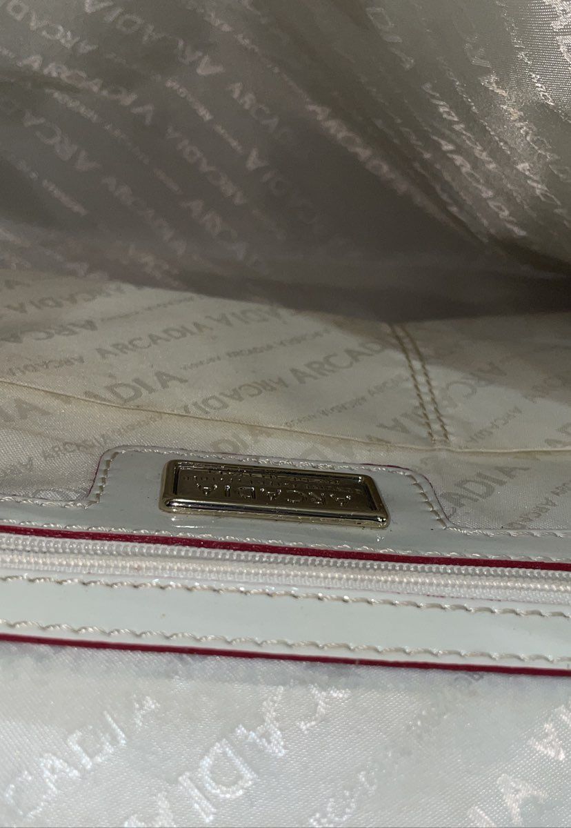 Arcadia White Monogram Embossed Patent Leather Satchel Handbag Gold Hardware