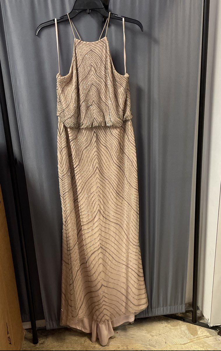 Adrianna Pappel Women's Tan Champagne Beaded Sequined Halter Gown Dress Sz 14P