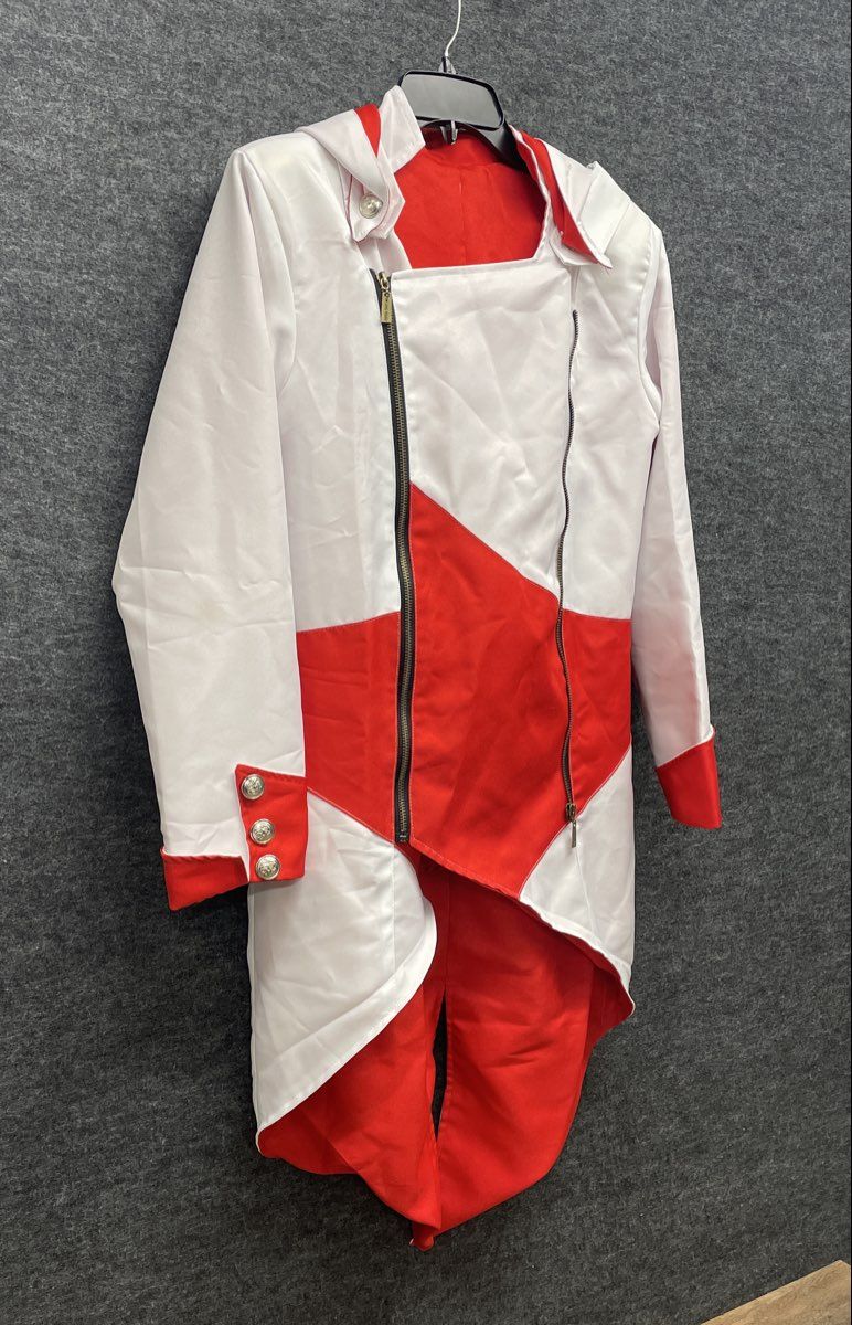 White Red Asymmetrical Zip Hooded Cosplay Tailcoat Jacket Silver Crest Buttons