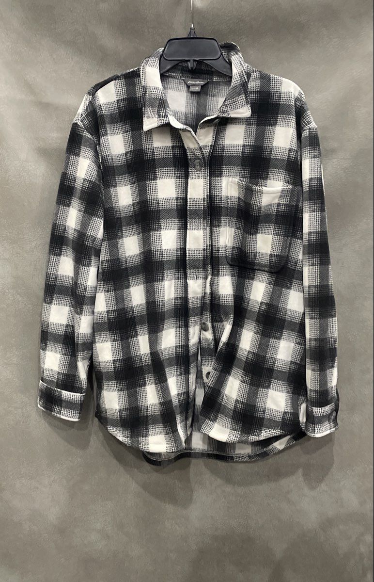 Eddie Bauer Women's White Black Plaid Microfleece Button Up Shirt Jacket Sz XL