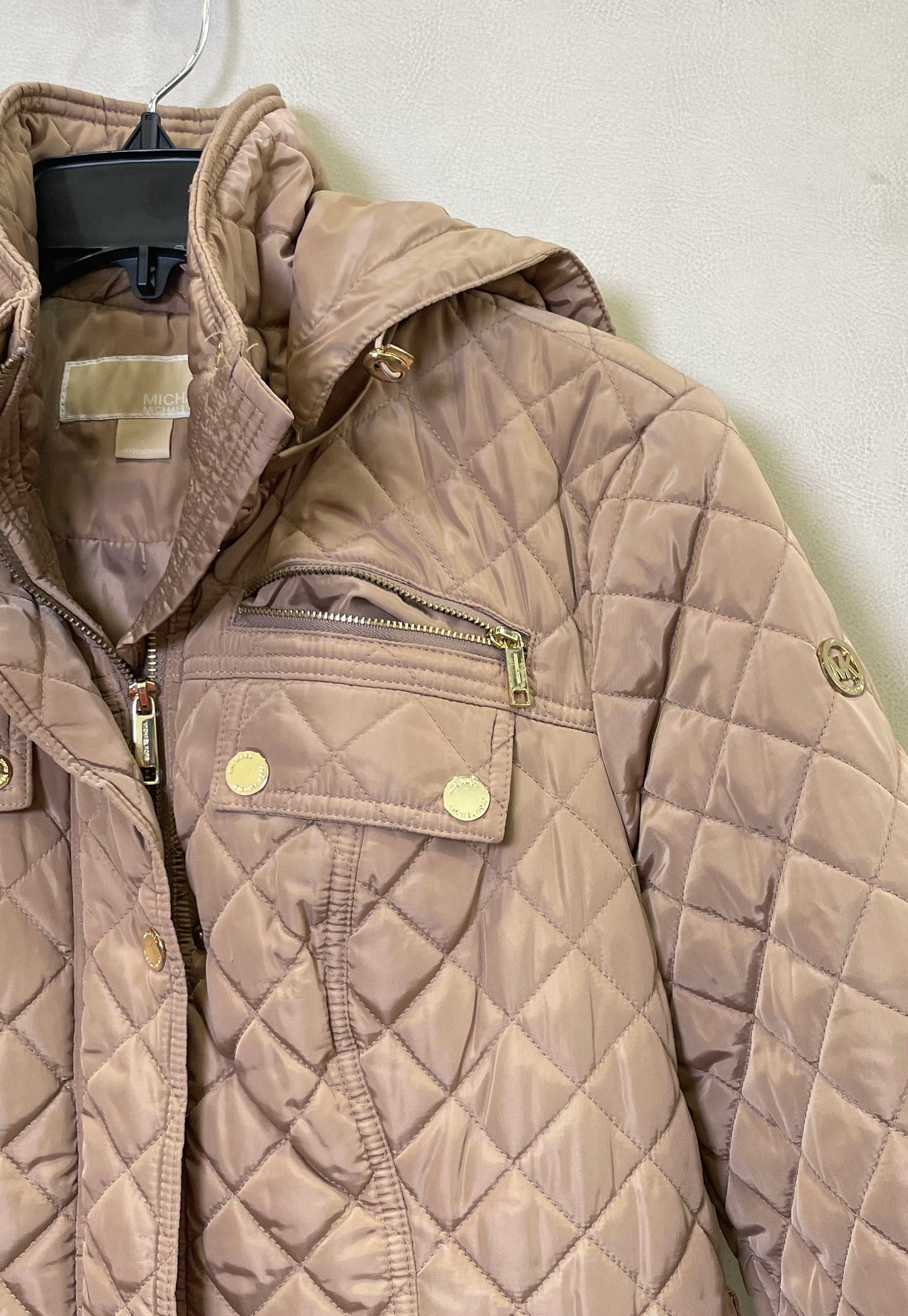Michael Kors Women's Quilted Jacket Taupe Tan Belted Hooded Gold Hardware Sz L