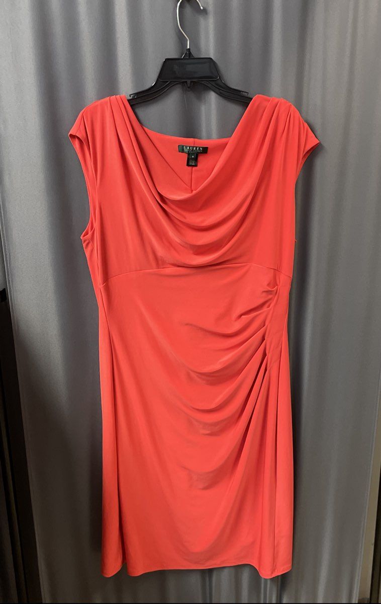 Lauren Ralph Lauren Women's Coral Cowl Neck Side Ruched Jersey Dress Size 16