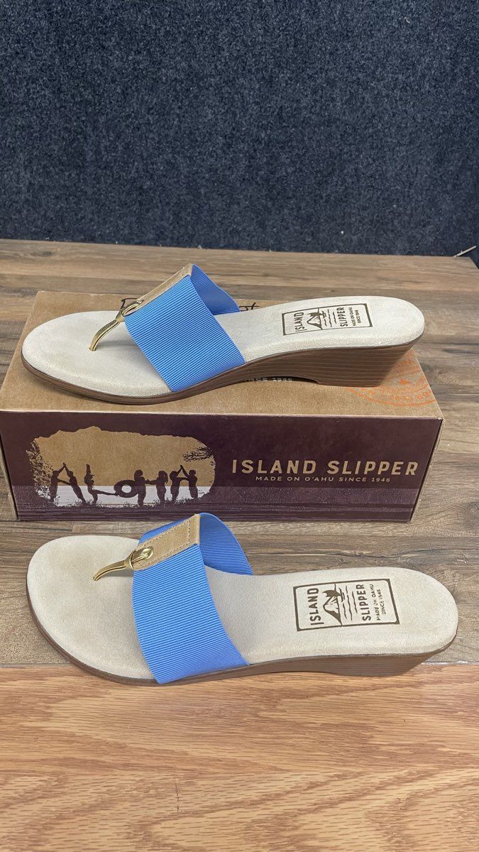 Island Slipper T810 Blue Gold Elastic Thong Wedge Sandals Women's Size 10