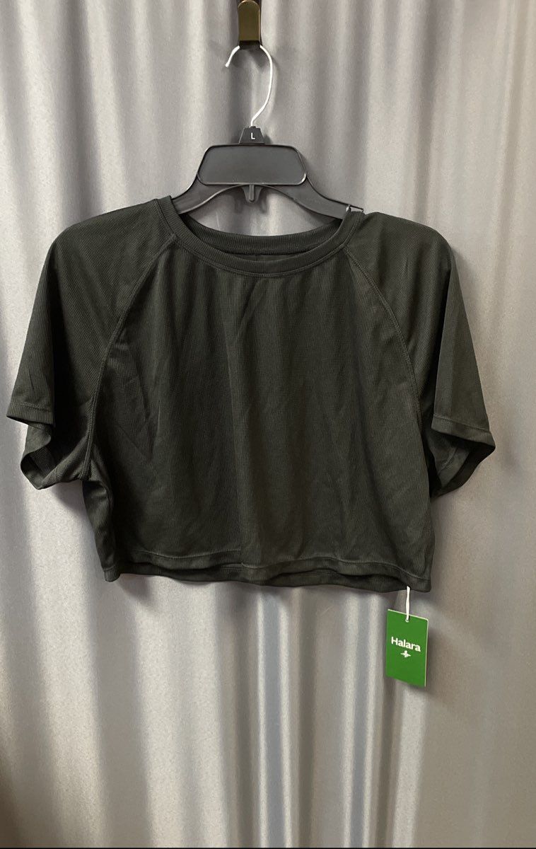 Halara Women's Black Short Sleeve Raglan Ribbed Crop Top Sz L NWT
