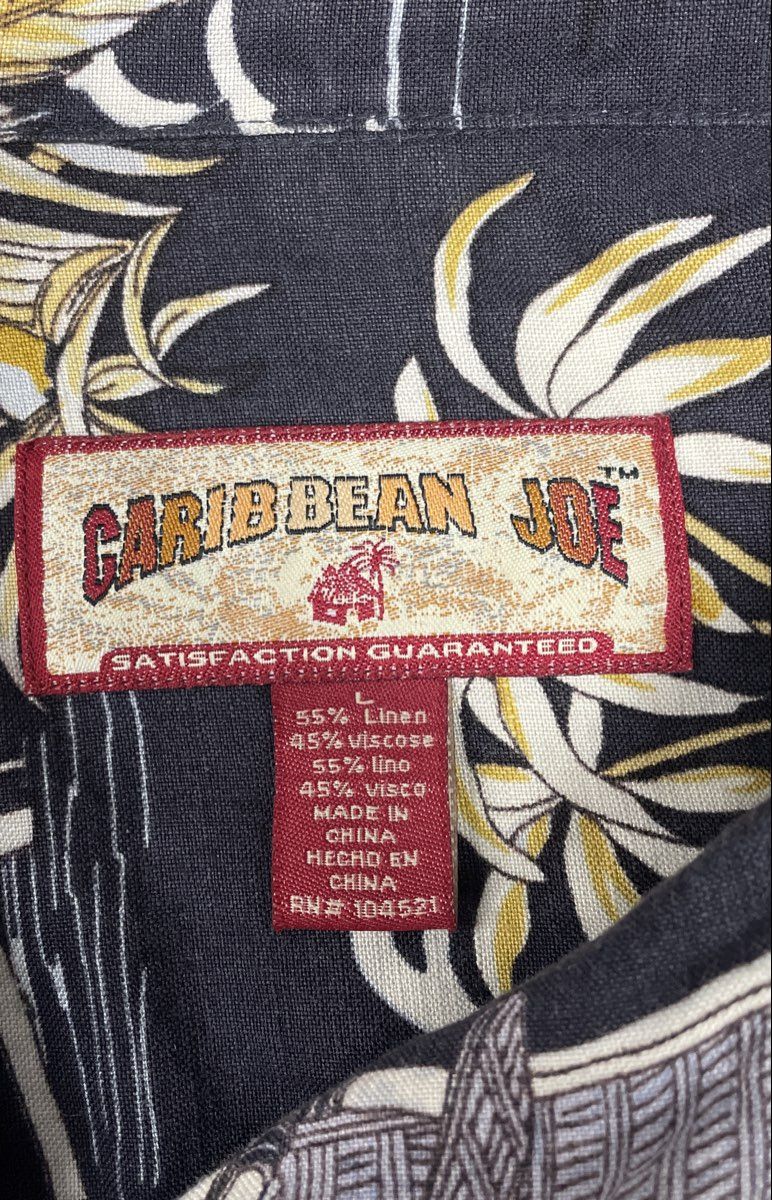 Caribbean Joe Men's Hawaii Shirt Navy Blue Linen Blend Tropical Palm Sz L