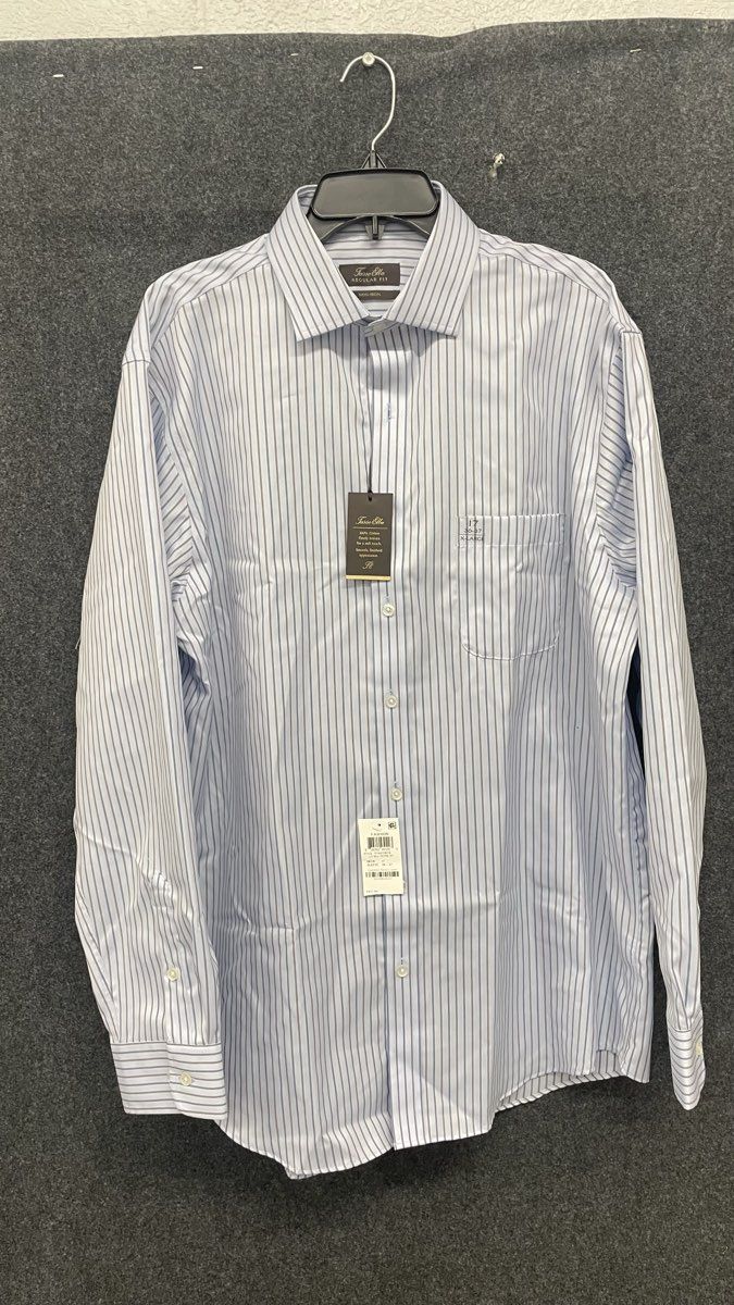 Tasso Elba Men's Light Blue Striped Non-Iron Dress Shirt Sz 17 36/37 NWT