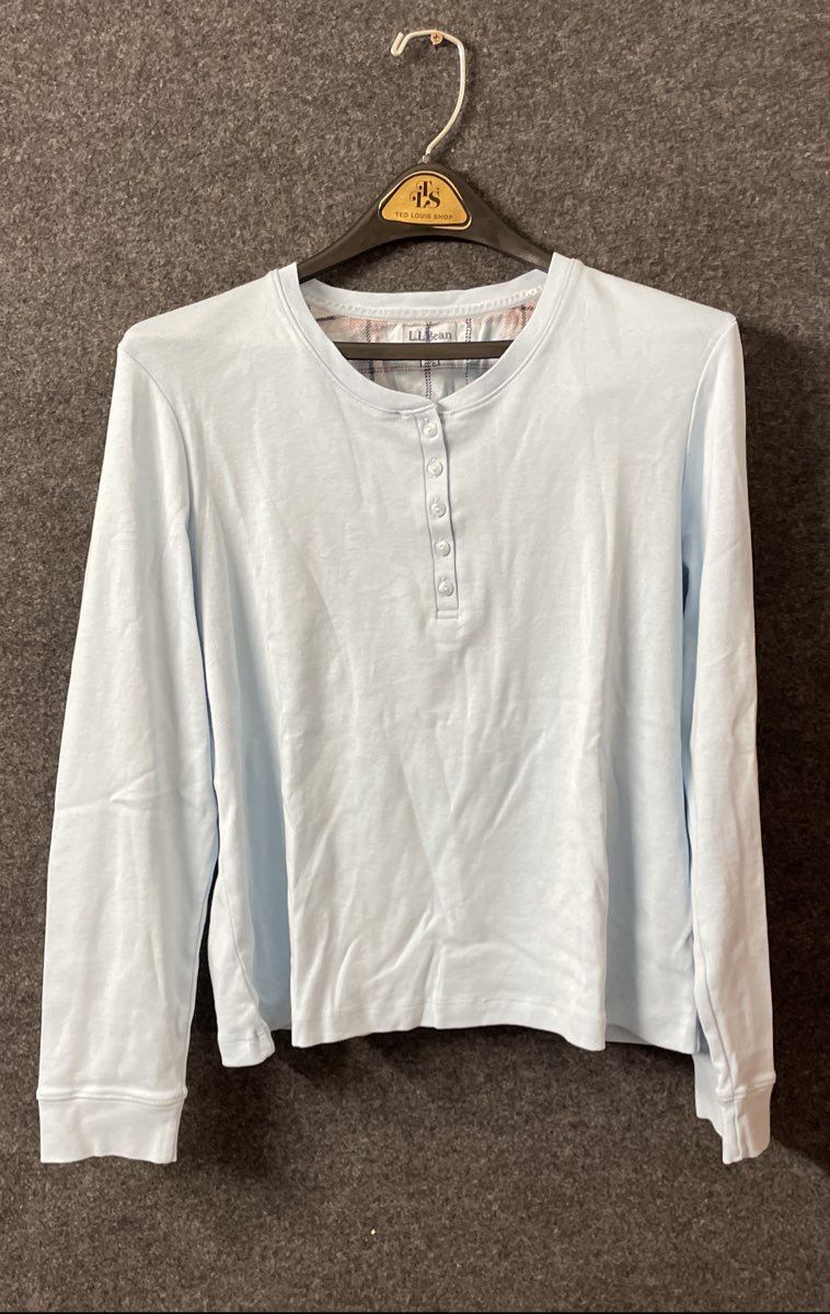 L.L. Bean Women's Light Blue Unshrinkable Mini-Waffle Henley Top Shirt Size LP