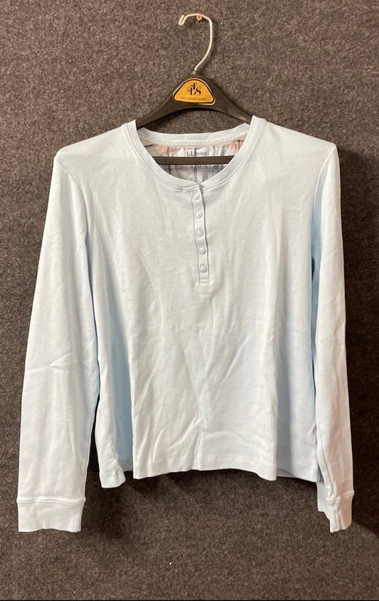 L.L. Bean Women's Light Blue Unshrinkable Mini-Waffle Henley Top Shirt Size LP