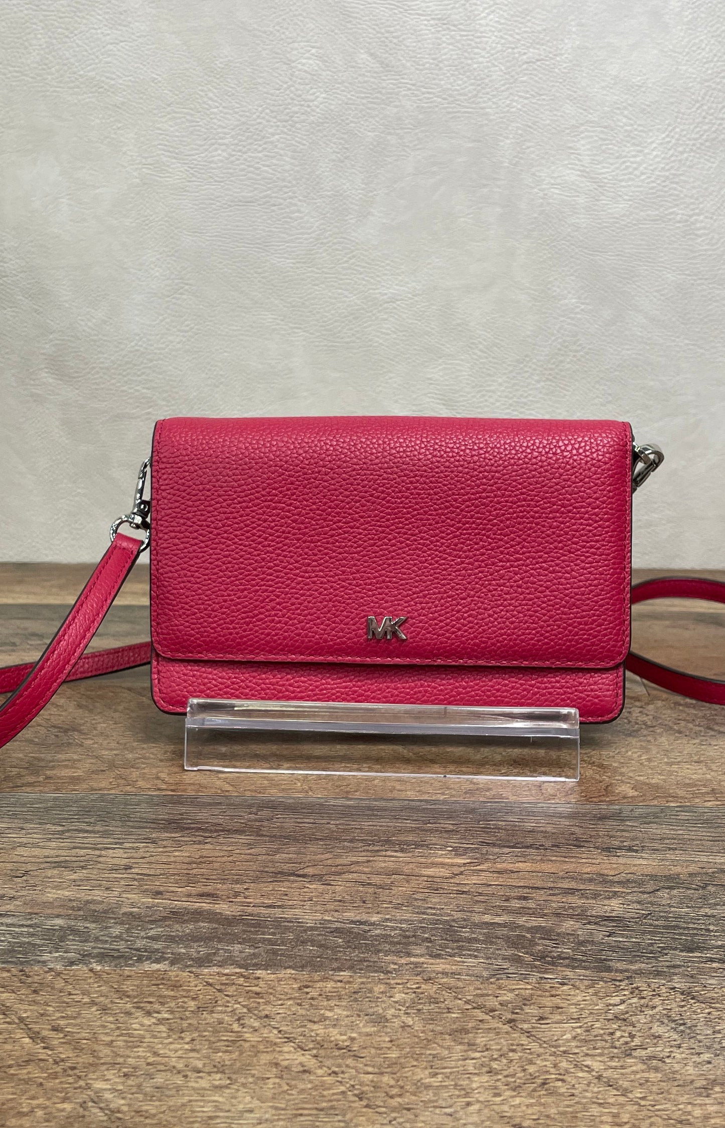Michael Kors Pink Pebbled Leather Crossbody Wallet Bag Silver Hardware