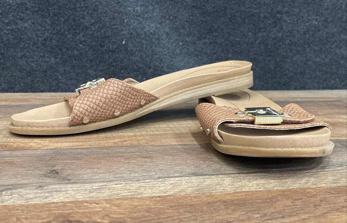 Dr. Scholl's Brown Faux Snakeskin Buckle Slide Sandals Women's Size 10M