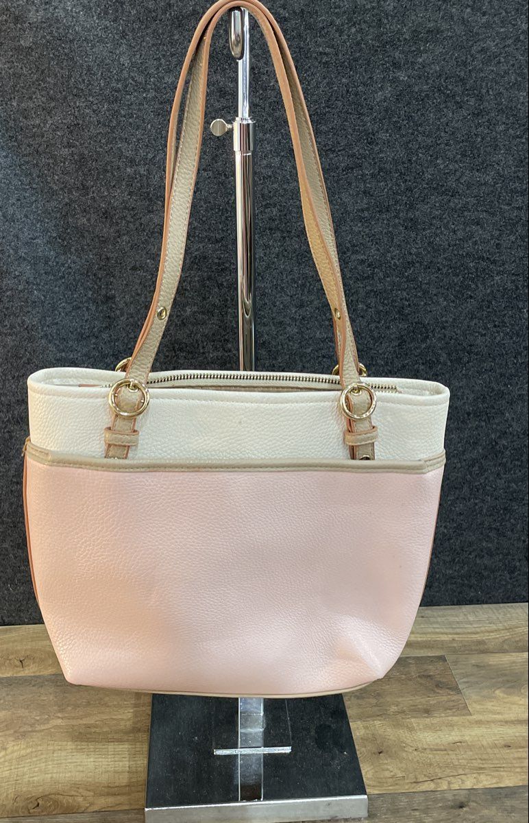 Anne Klein Pink White Tan Pebbled Shoulder Tote Bag Gold Hardware Lion Emblem