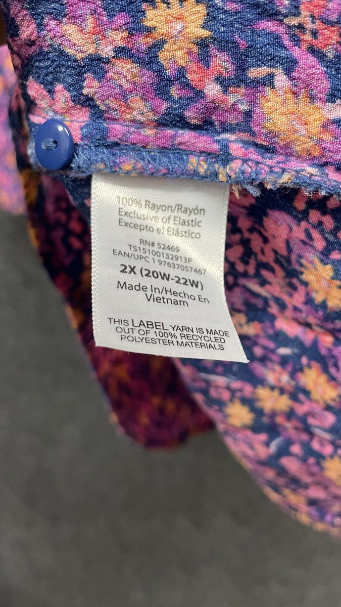 Terra & Sky Women's Blue Pink Floral Smocked Rayon Blouse Puff Sleeve Sz 2XL