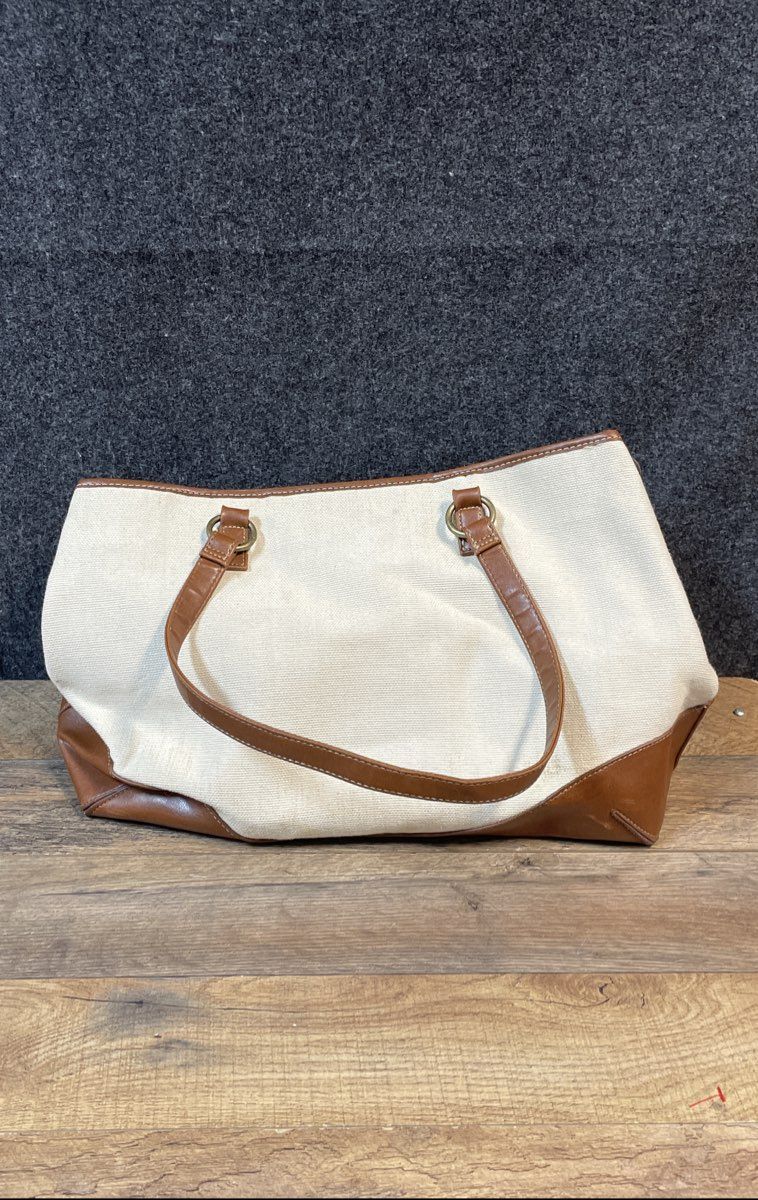 Coldwater Creek Cream Brown Canvas Faux Leather Trim Large Tote Shoulder Bag