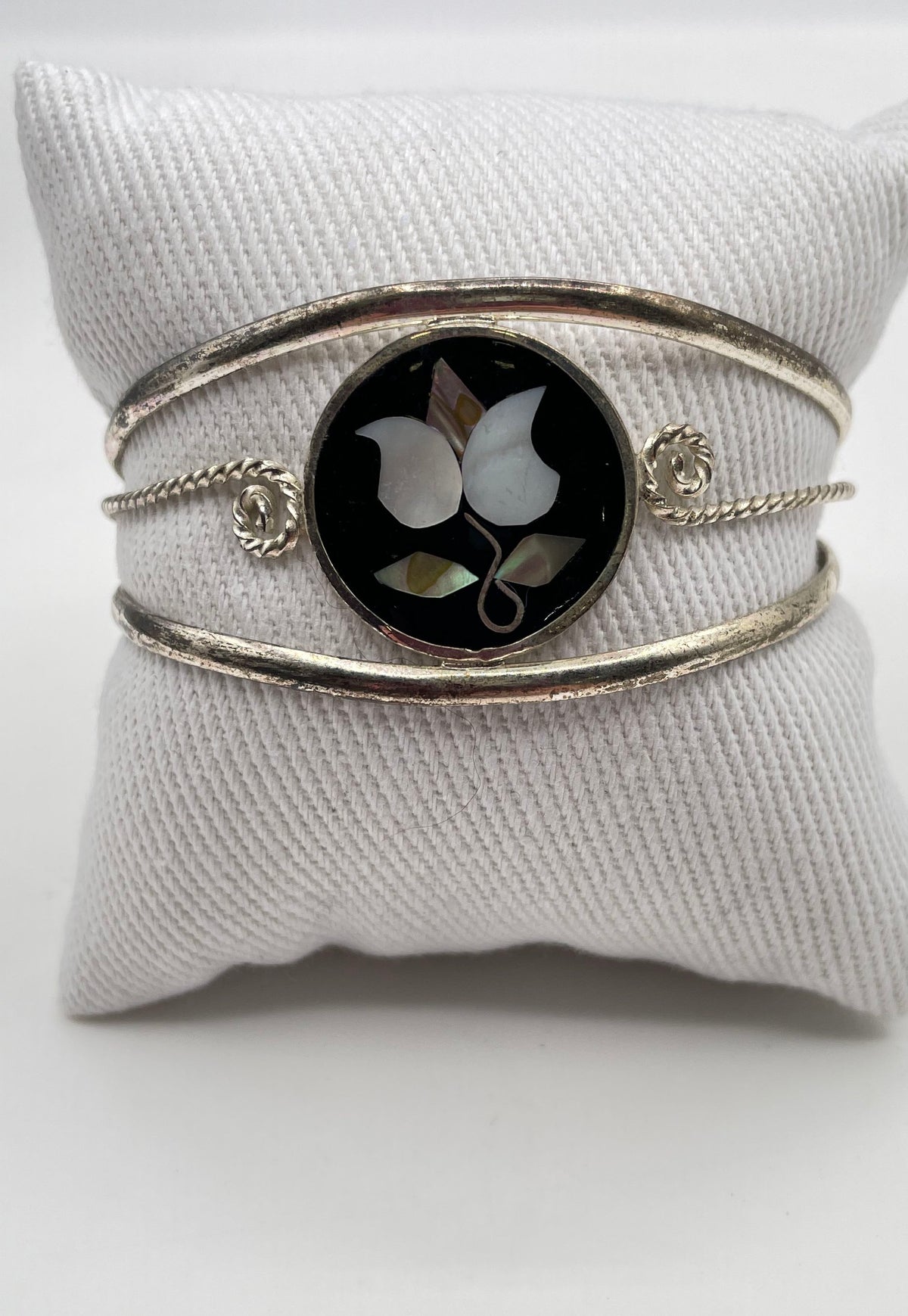 Alpaca Silver Abalone MOP Inlay Black Onyx Cuff Bracelet Mexico Marked 12.7g