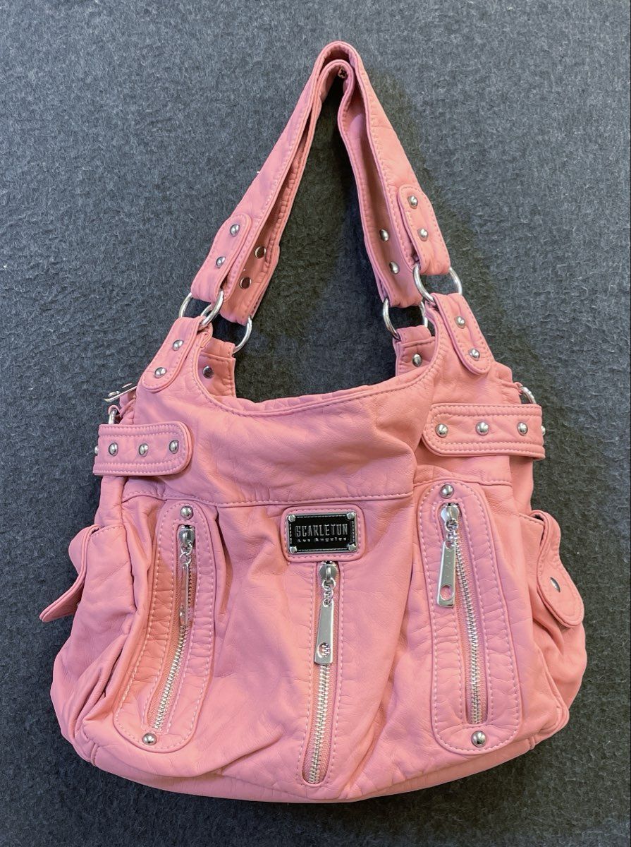 Scarleton Pink Faux Leather Multi-Zipper Satchel Handbag Silver Hardware