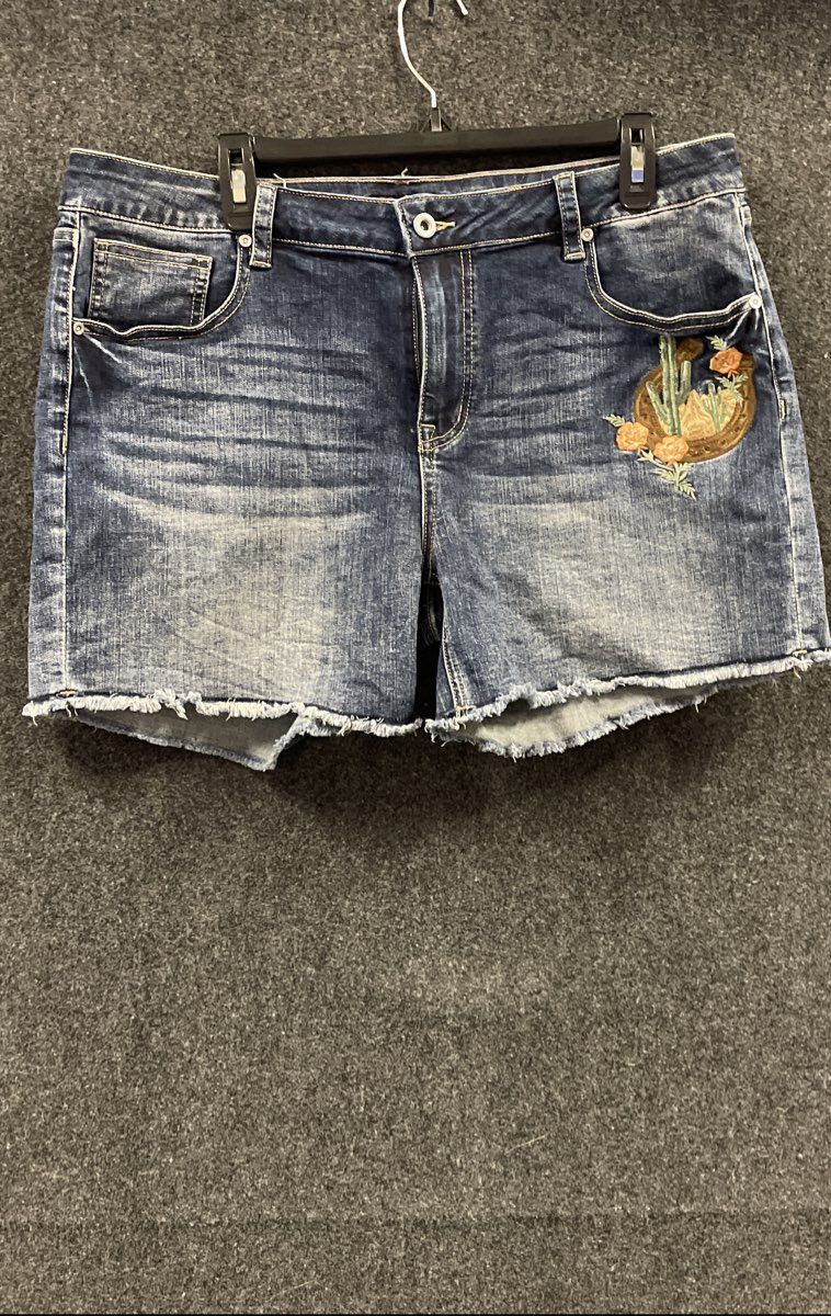 Grace in LA Women's Blue Denim Shorts Easy Fit Embroidered Cactus Floral Sz 34