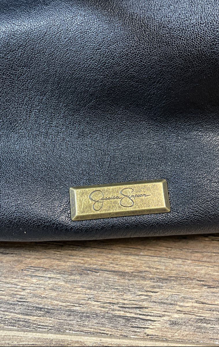 Jessica Simpson Black Faux Leather Studded Satchel Shoulder Bag Brass Hardware