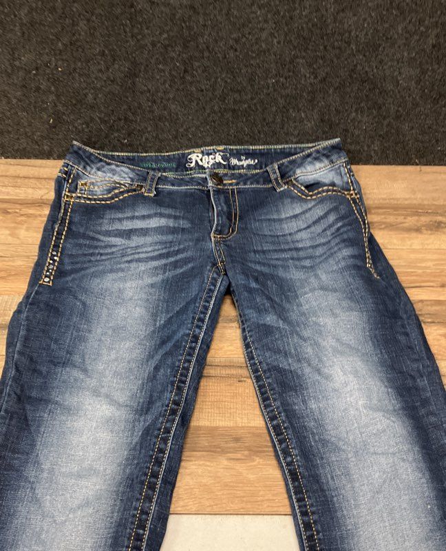 Wrangler Rock 47 Women's Blue Embellished Ultra Low Rise Bootcut Jeans Sz 31x34