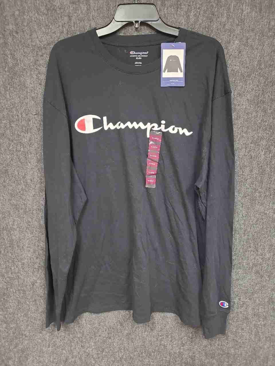 Champion Men's Black Long Sleeve T-Shirt Script Logo NWT Sz XL