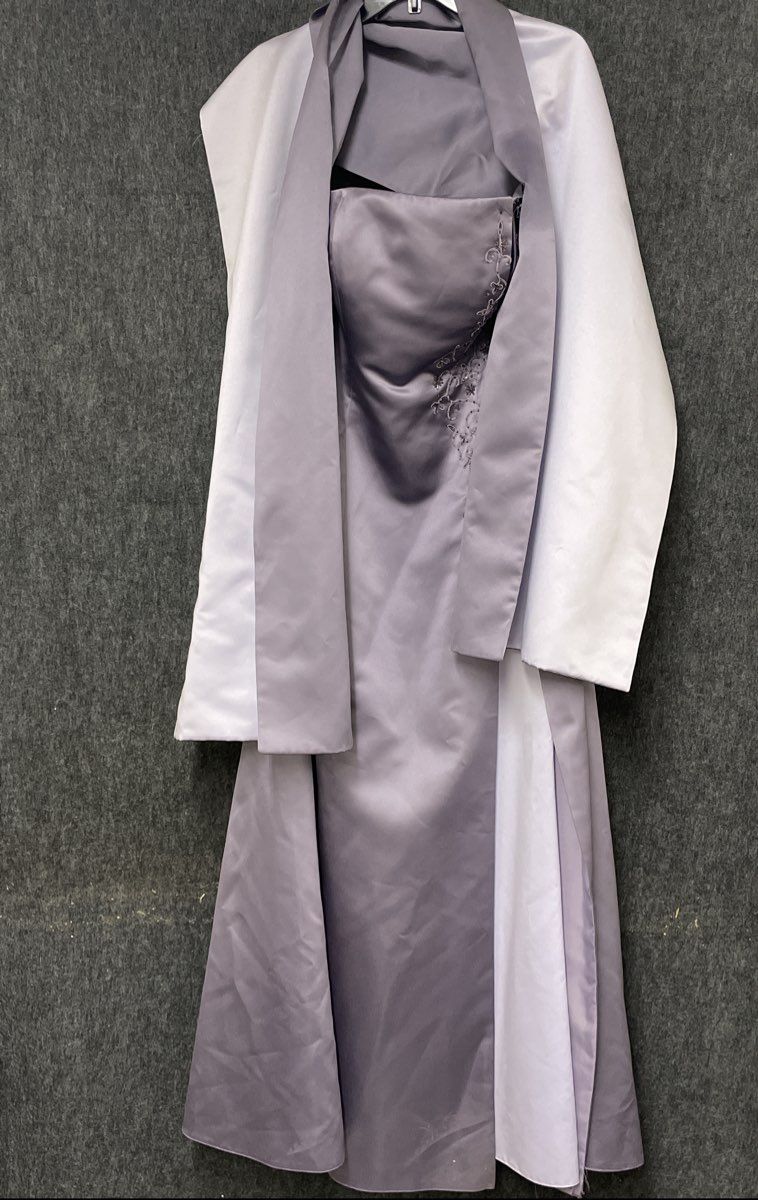 Mori Lee Women's Lavender Satin Strapless Gown Embroidered Beaded Shawl Sz 10