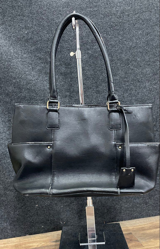 Signature Black Leather Pebbled Tote Bag Large Gold Hardware Side Pockets