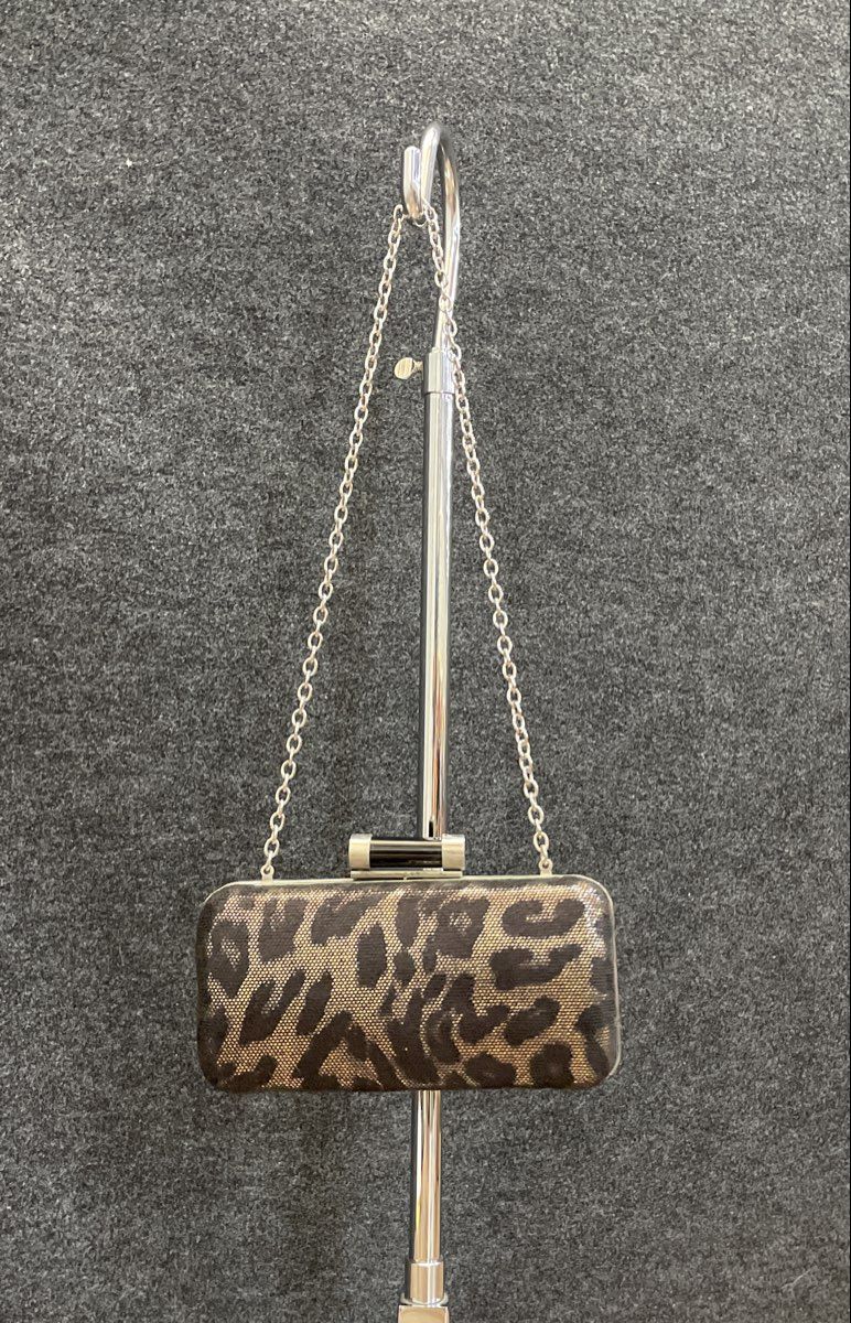 Lulu Townsend Gold Black Leopard Print Minaudiere Clutch Bag Silver Chain