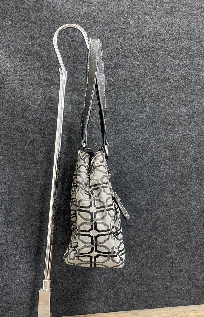 Anne Klein Grey Black Geometric Canvas Shoulder Bag Tote Silver Hardware