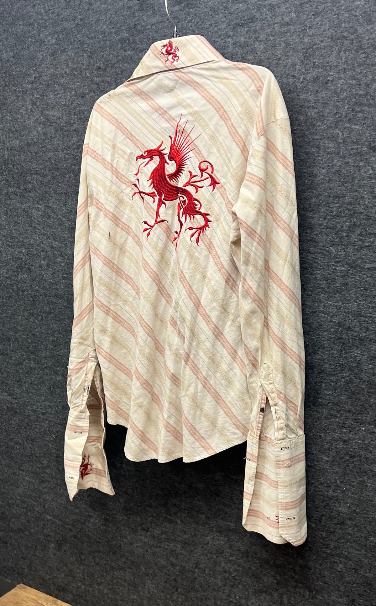 Vintage Dante Gianni Men's Red Dragon Embroidered Striped Shirt Sz L