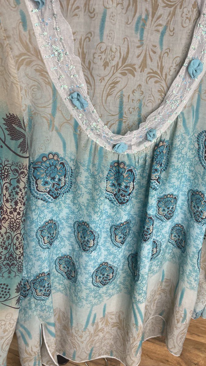 LunaChix Women's Teal Blue Tan Bohemian Floral Paisley Sequined Blouse