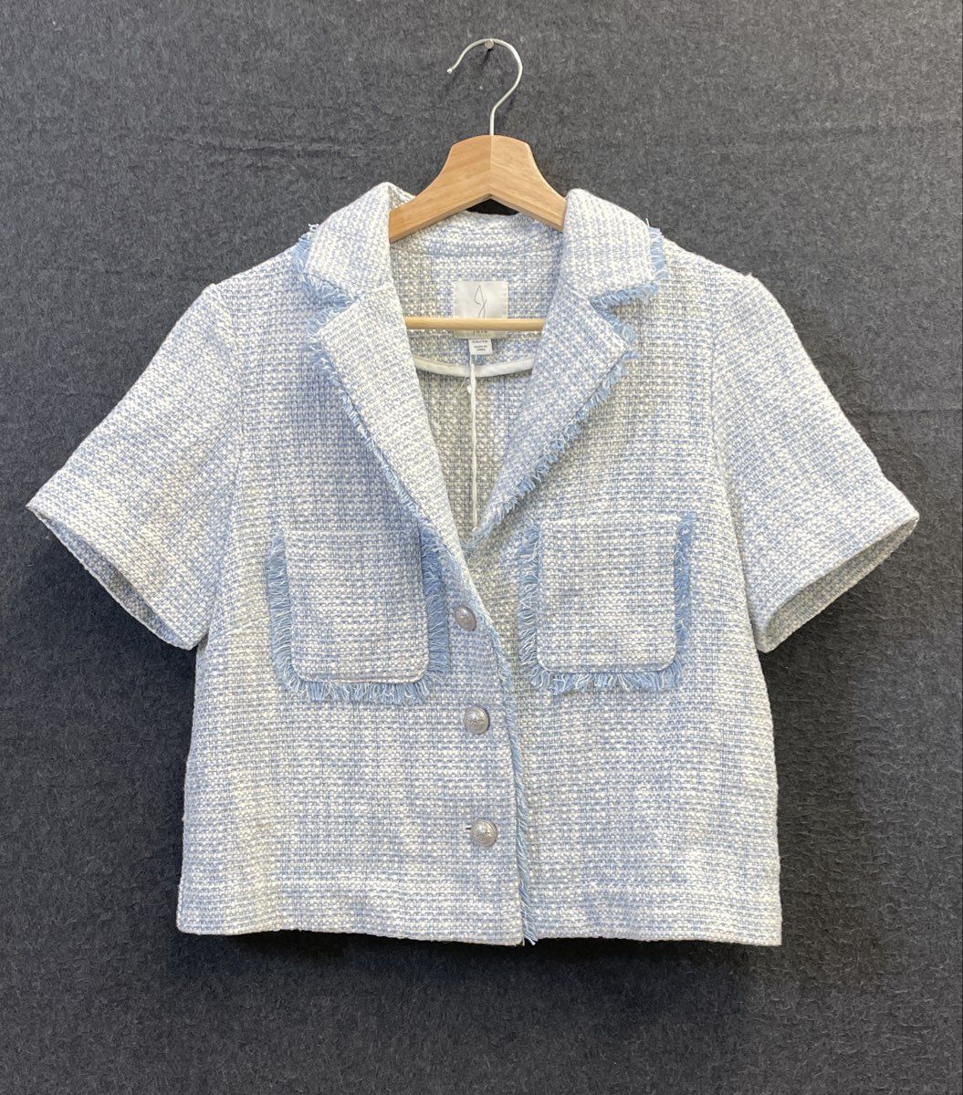 Joie Women's Tweed Short Sleeve Jacket Blue White Fringed Cotton Sz XS NWT