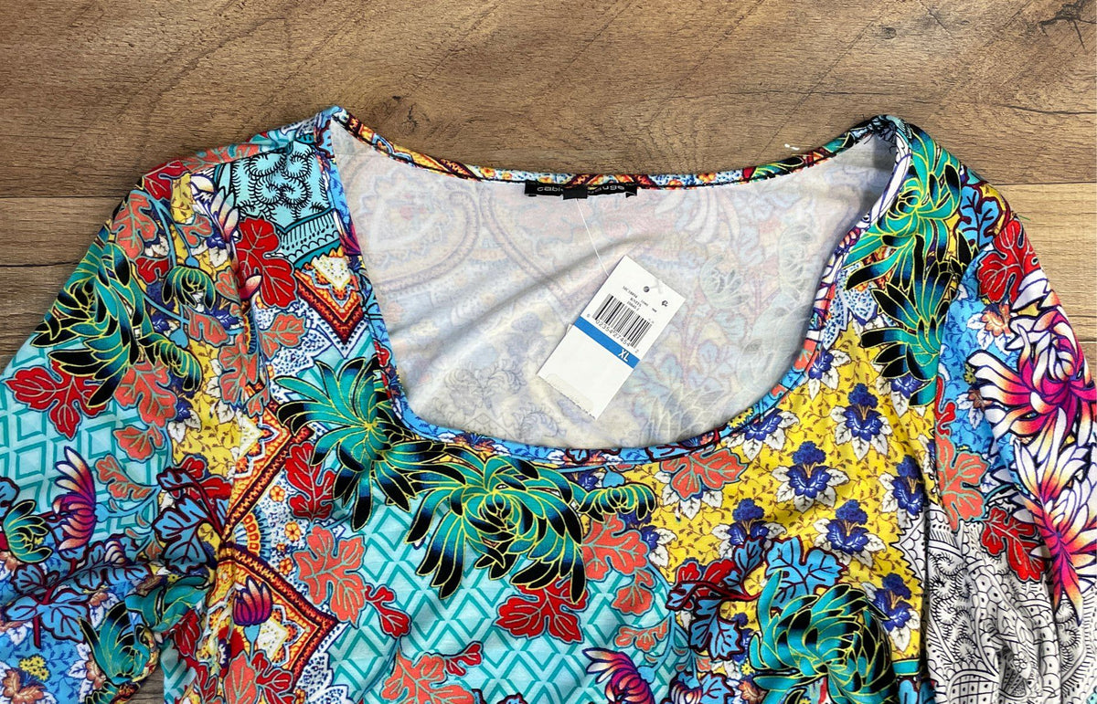 Cable & Gauge Multi-Color Print High-Low Dress Semi Sheer Trim Sz XL NWT