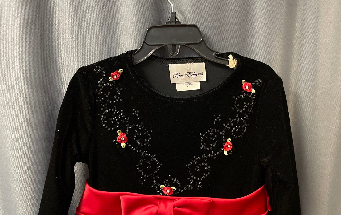 Rare Editions Girl's Red Black Velvet Bodice Beaded Floral Bow Dress Sz 4