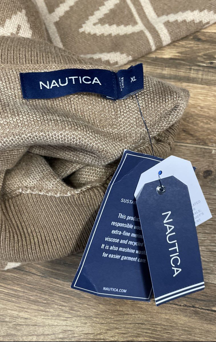 Nautica Men's Brown Geometric Merino Wool Blend Turtleneck Sweater Sz XL NWT