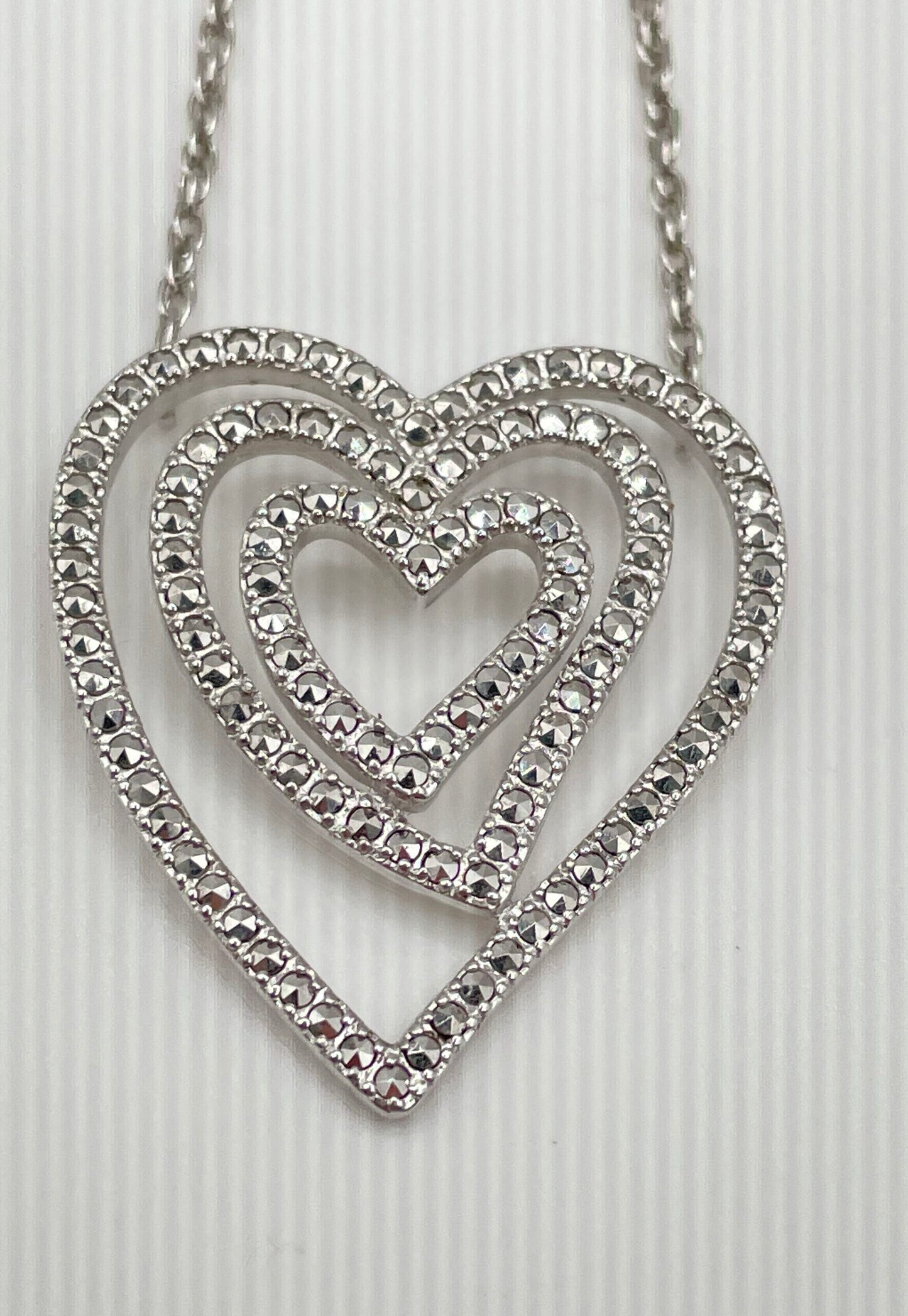 925 Sterling Silver Triple Heart Marcasite Accent Pendant Necklace 8.6g