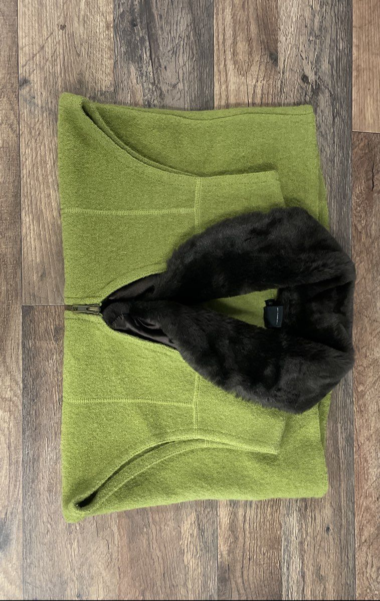 Tally-Ho Women's Green 100% Wool Vest Dark Faux Fur Collar Full Zip Sz M