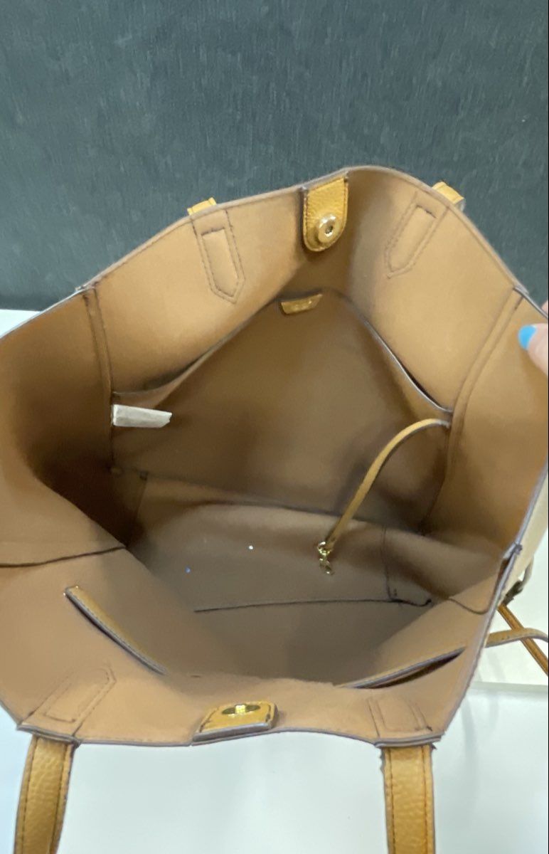 Tutilo New York Tan Pebbled Cinch Tote Bag Gold Hardware Large Handbag