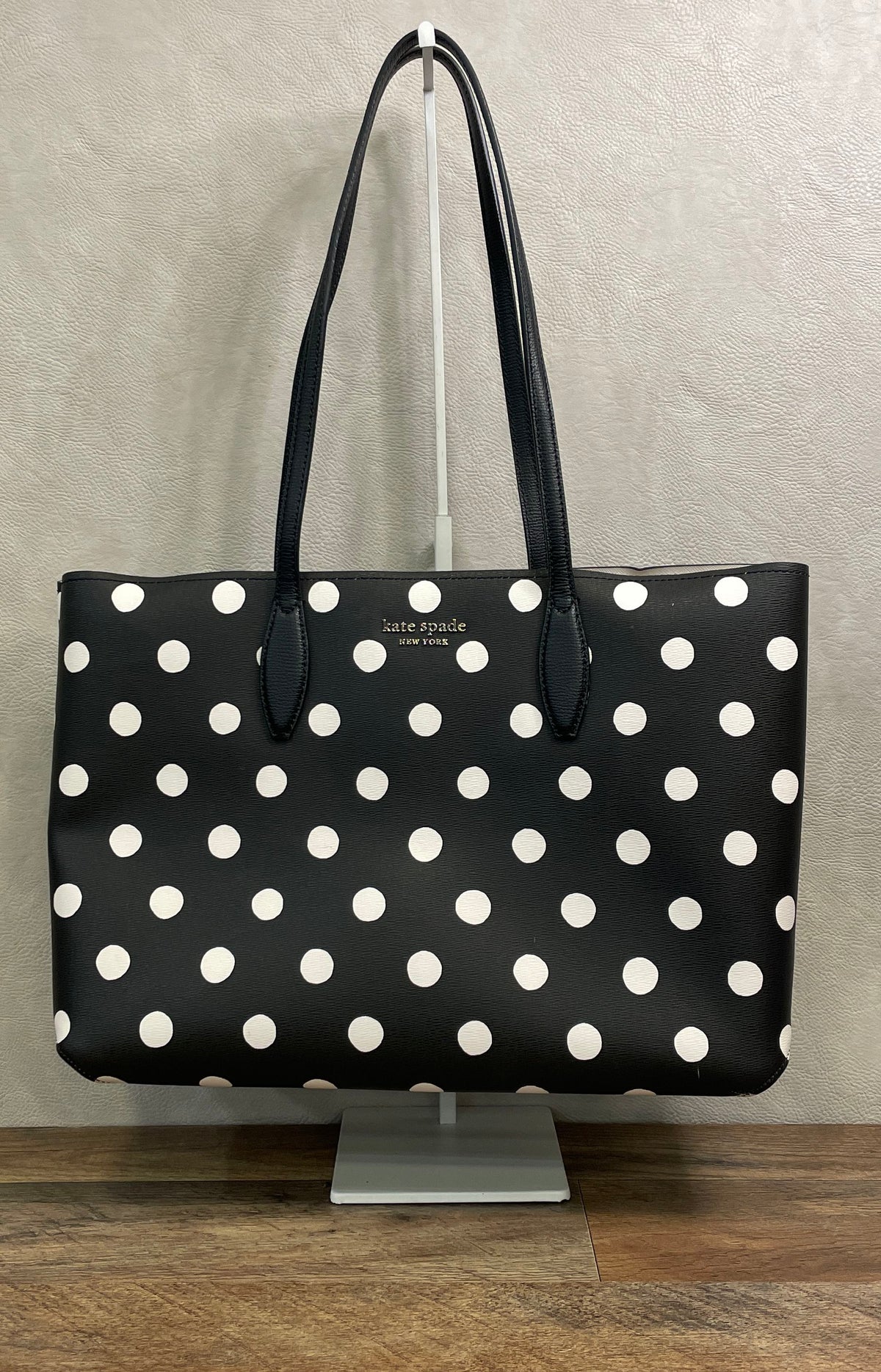 Kate Spade Black White Polka Dot Saffiano Leather Tote Bag Gold Hardware