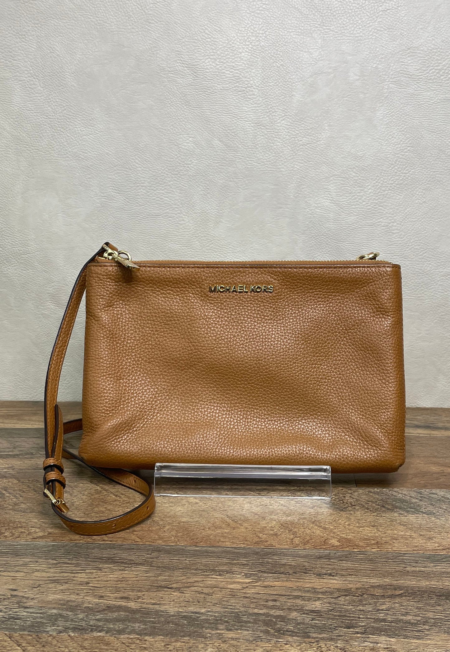 Michael Kors Brown Pebbled Leather Monogram Crossbody Bag Gold Hardware