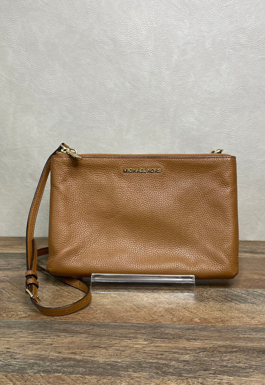 Michael Kors Brown Pebbled Leather Monogram Crossbody Bag Gold Hardware
