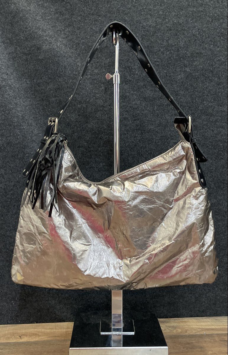 Chateau Silver Metallic Latex Hobo Shoulder Bag Studded Strap Tassel