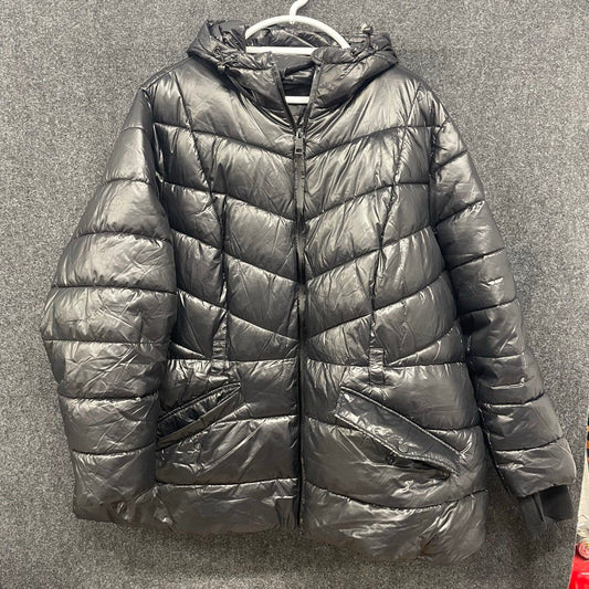 Michael Kors Women's Black Hooded Chevron Quilted Puffer Jacket Size 3X