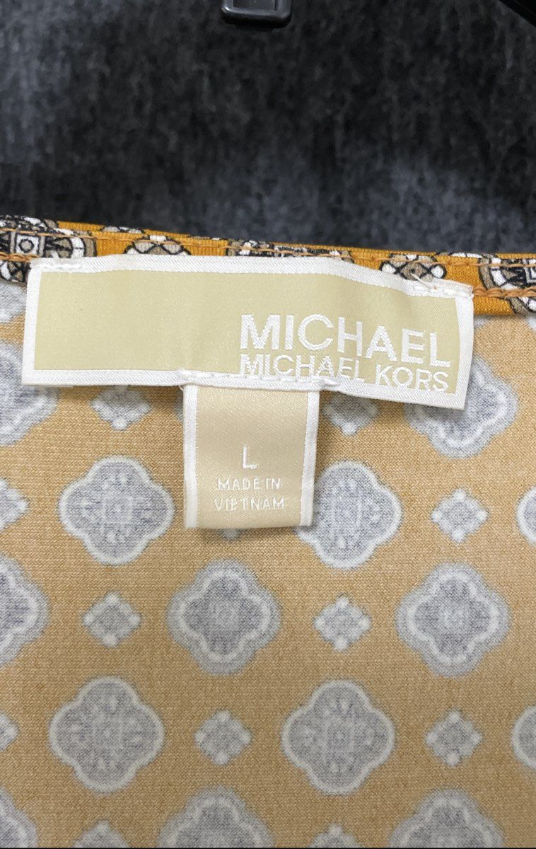 Michael Kors Women's Mustard Geometric Cowl Neck Blouse MK Logo Buttons Size L