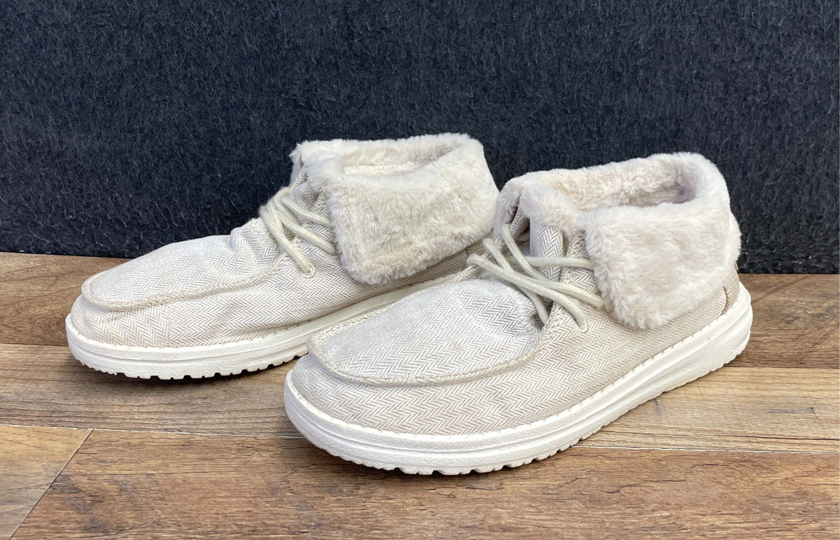 Hey Dude Britt Herringbone Cream Faux Fur Lined Slip On Booties Women's Size 6