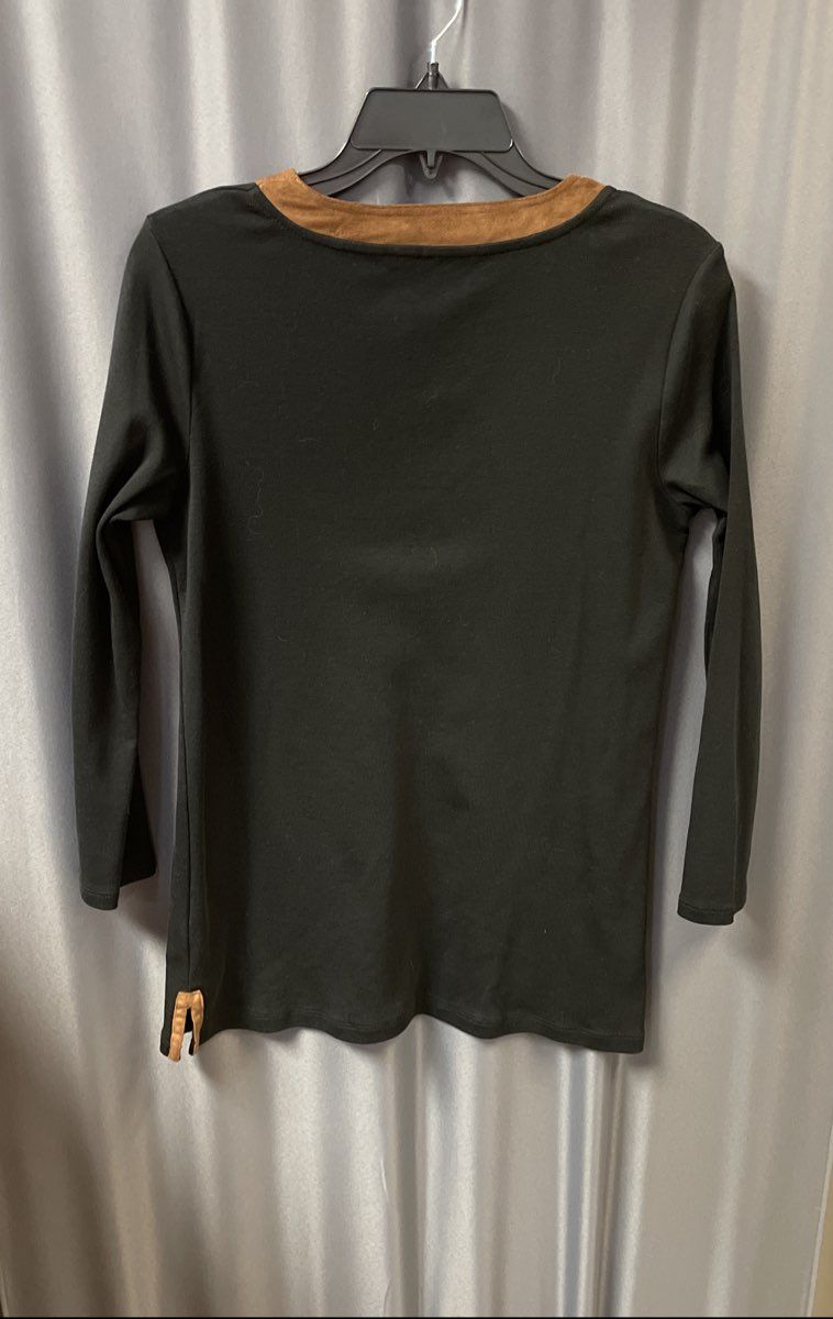 Lauren Ralph Lauren Women's Black V-Neck Shirt Tan Faux Suede Trim Split Hem L