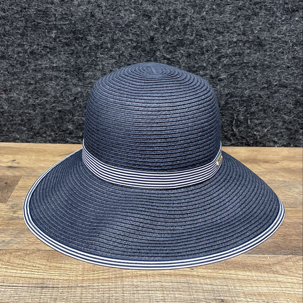 Lands' End Women's Navy Blue Wide Brim Straw Hat Striped Band Sz S-M