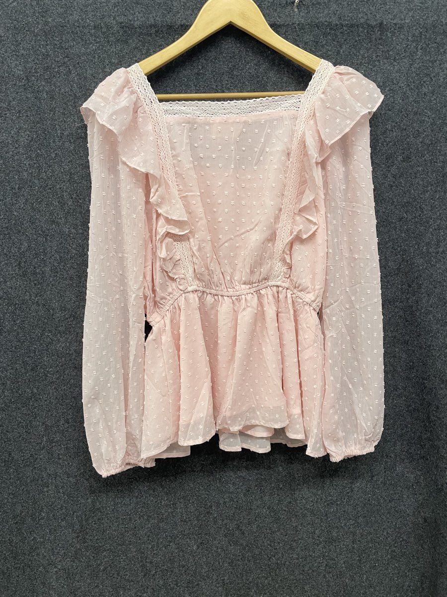 Savana Jane Women's Pink Swiss Dot Ruffle Square Neck Peplum Blouse Sz L NWT