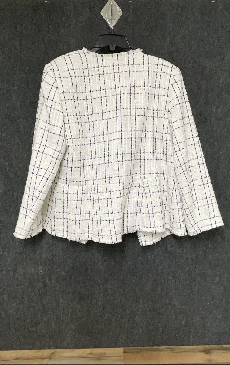Ann Taylor Factory Women's White Black Tweed Plaid Frayed Trim Zip Jacket Sz 14