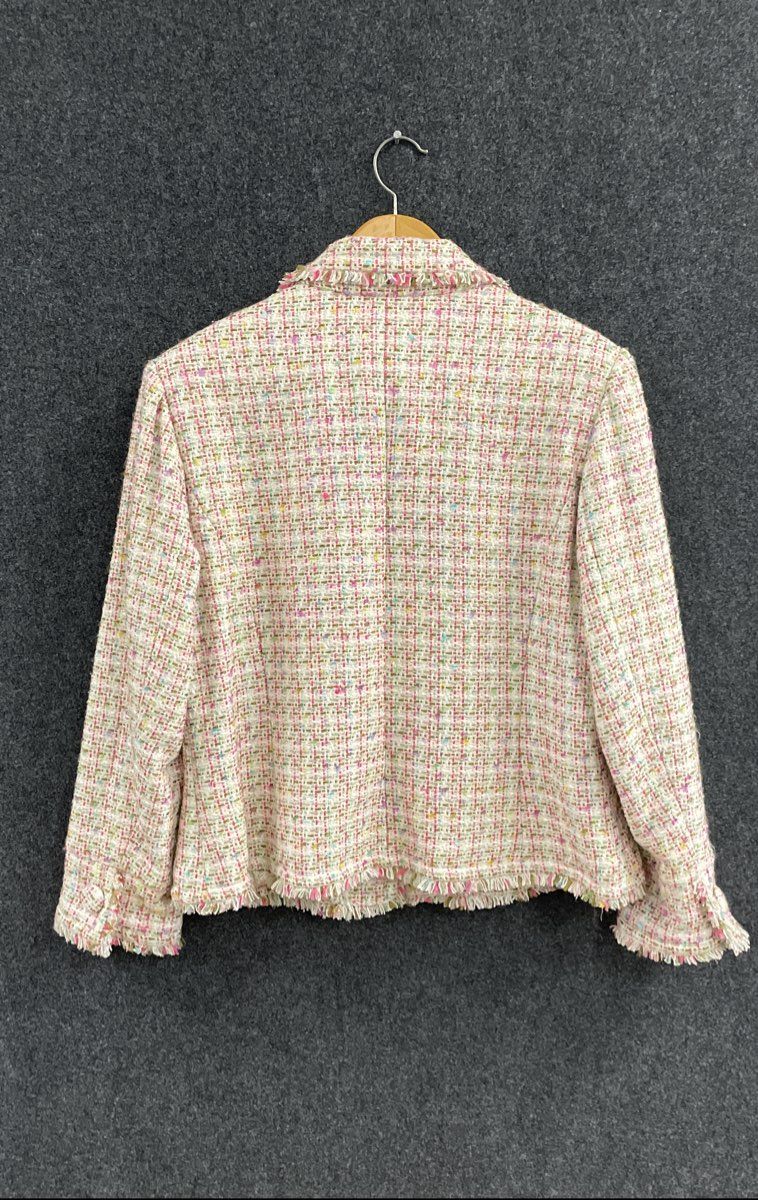 I.C.E. Woman Women's Pink Multicolor Boucle Tweed Fringed Blazer Jacket Sz 18